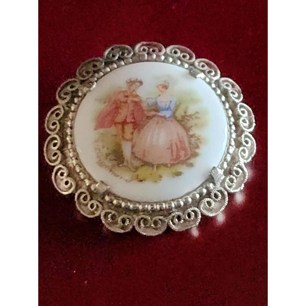Victorian Signed Fragonard Courting Couple Brooch/pin Cameo